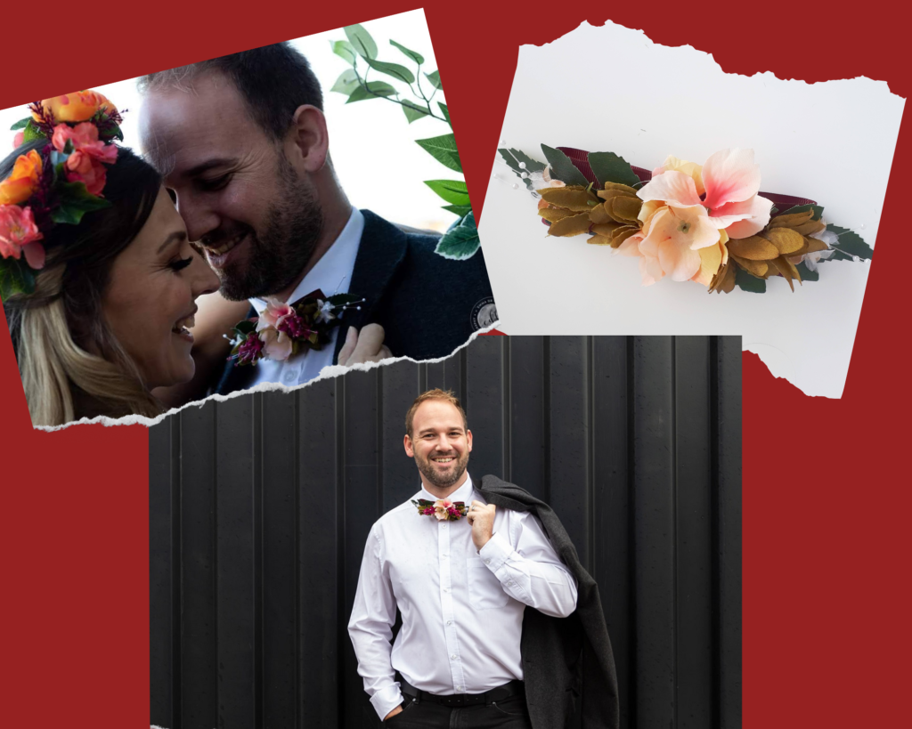 Groom's floral bowtie with silk peach hydrangea blossom and olive green silk foliage