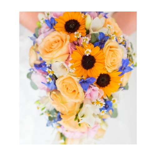 Picture of bouquet with orange, yellow and blue flowers