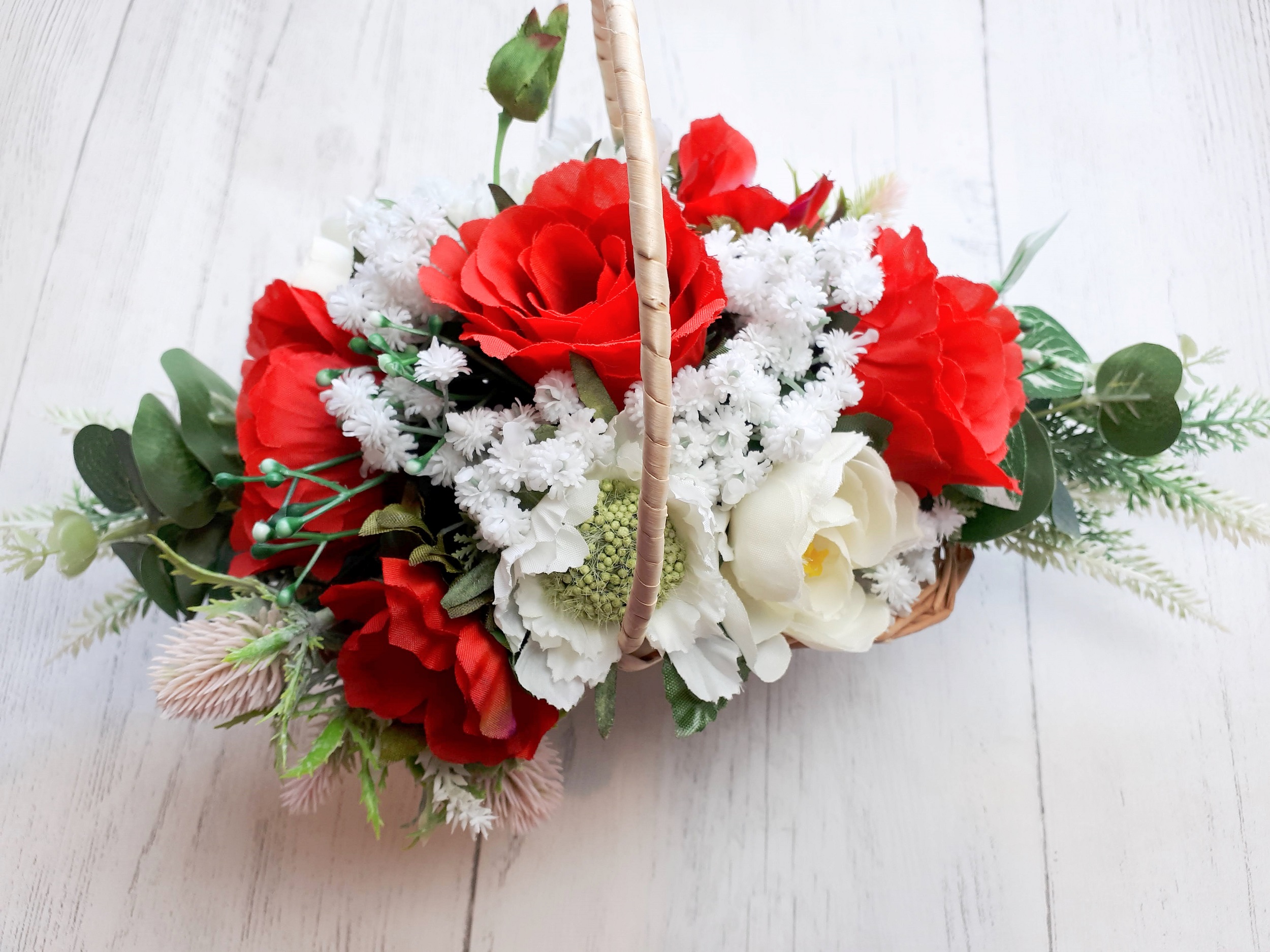 Image of red and white Valentine rose basket