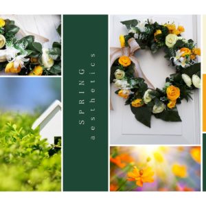 Collage of images of spring flower door wreath in yellow and white