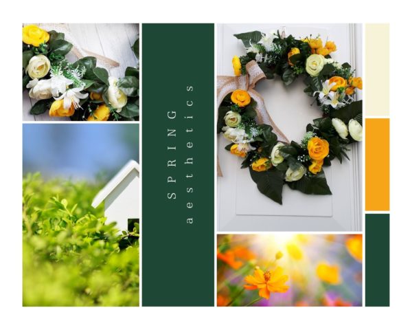 Collage of images of spring flower door wreath in yellow and white