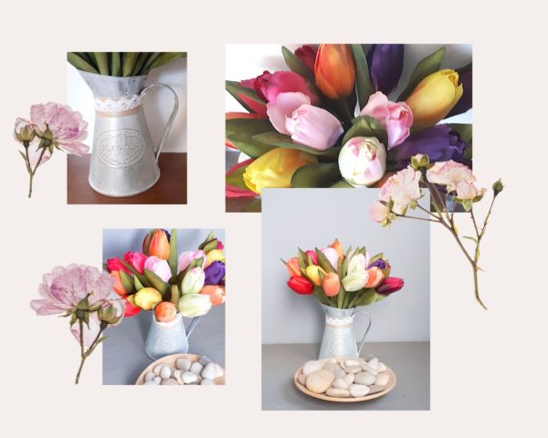 Collage of images of jug of tulips