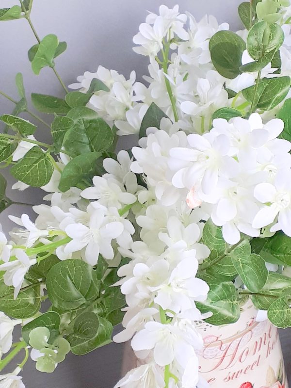 white silk wisteria and green eucalyptus