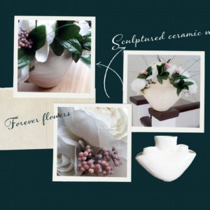 Collage of images with white vase and peonies