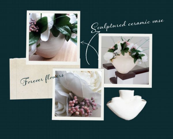 Collage of images with white vase and peonies