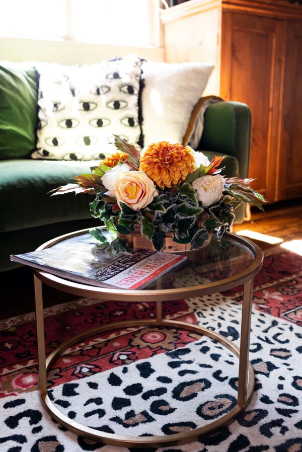 Autumn golds with silk flowers in table arrangement