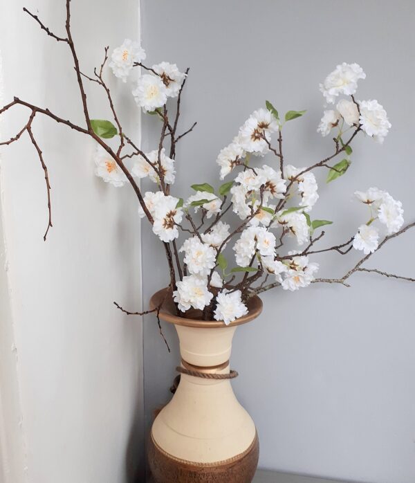 Vase of white cherry blossom branches