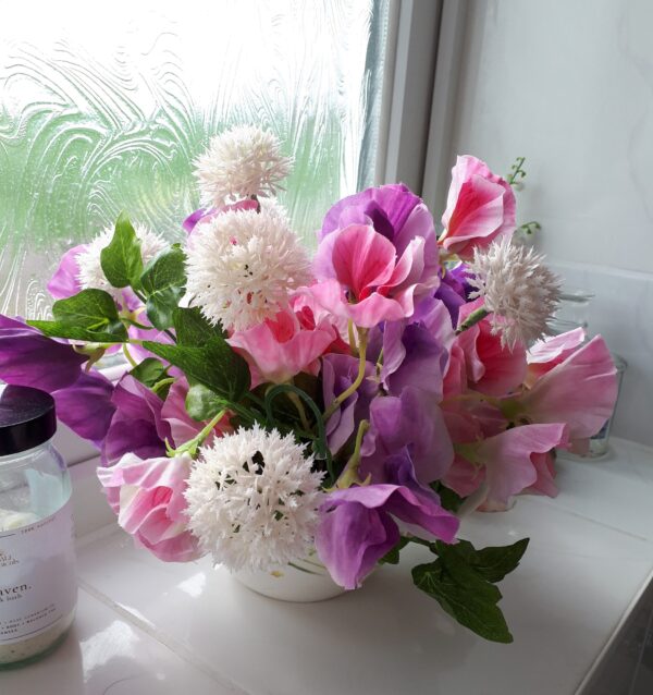 Image of pink and mauve sweet peas with pale pink faux alliums