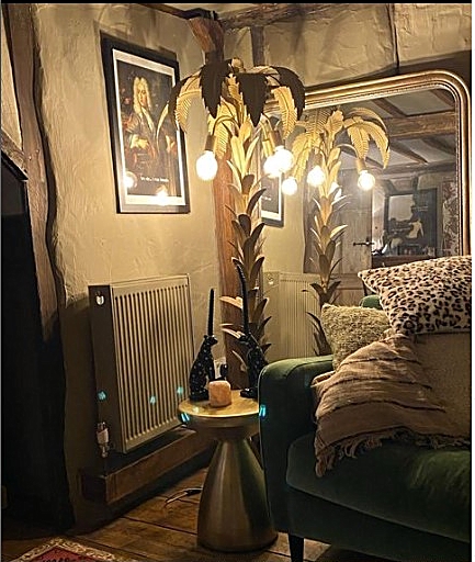 Image of part of living room, with green velvet sofa, layered cushions including leopard print and cottage weave designs. A tall statement lamp with arching bronze leaves inplace of a lamp shade