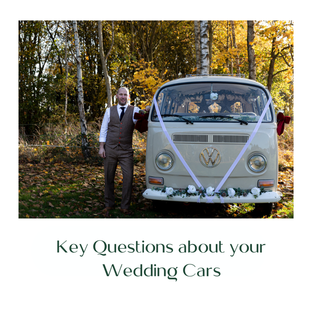 Image of VW Camper Van dressed with flowers and ribbons as a wedding car. The driver is smartly dressed and stands next to the van in a woodland setting