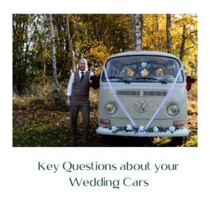 Image of VW Camper Van dressed with flowers ansd ribbons as a wedding car. The driver is smartly dressed and stands next to the van in a woodland setting