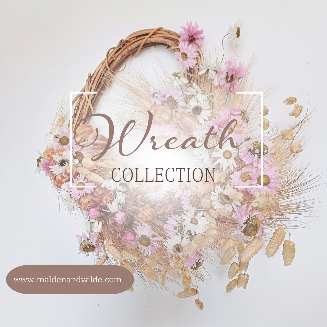 Image of dried flowers wreath with words Wreath Collection