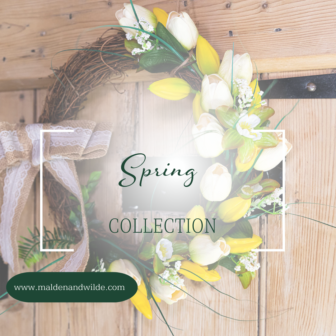 Image of spring tulip wreath with words Spring Collection