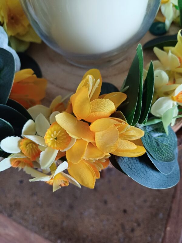 Image of spring flower table centre, showing yellow crocuses