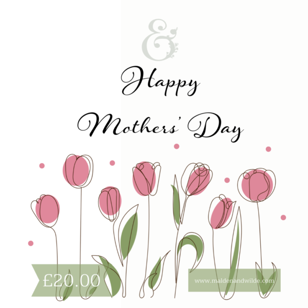 Image of hand drawn pink tulips with the words Happy Mothers' Day. The value is £20