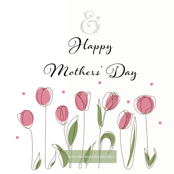 Image of hand drawn pink tulips with the words Happy Mothers' Day.