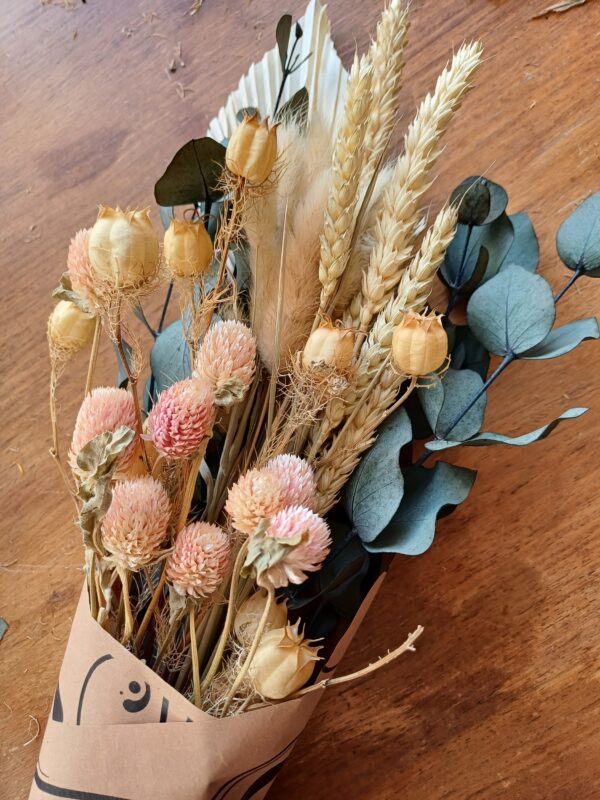 Image of dried grasses and flowers, blue, pale pink and neutral colours