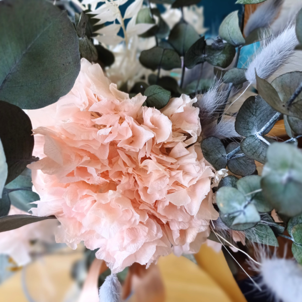 Detail of preserved pink hydrangea flowers in pink and grey dried and preserved flower bouquet