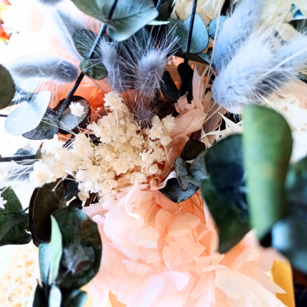 Detail of dried bleached marcella flowers in pink and grey dried and preserved flower bouquet