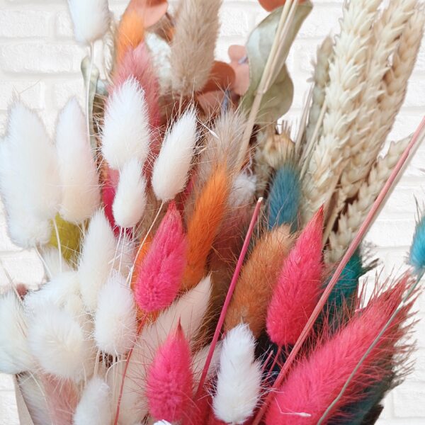 Dyed lagurus (bunny tail) grasses with wheat and white dried flowers