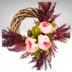 Autumn peony wreath with pink silk peonies and deep burgundy faux foliage