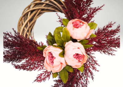 Autumn peony wreath with pink silk peonies and deep burgundy faux foliage