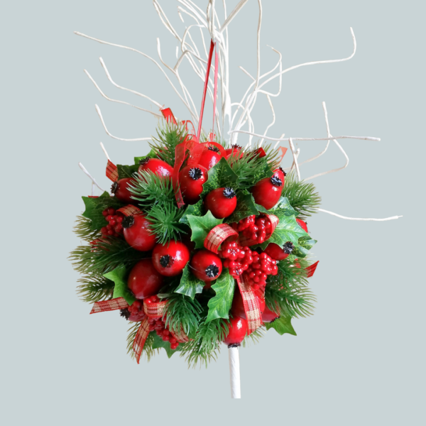 Ball of faux red berries and holly leaves, with red ribbon