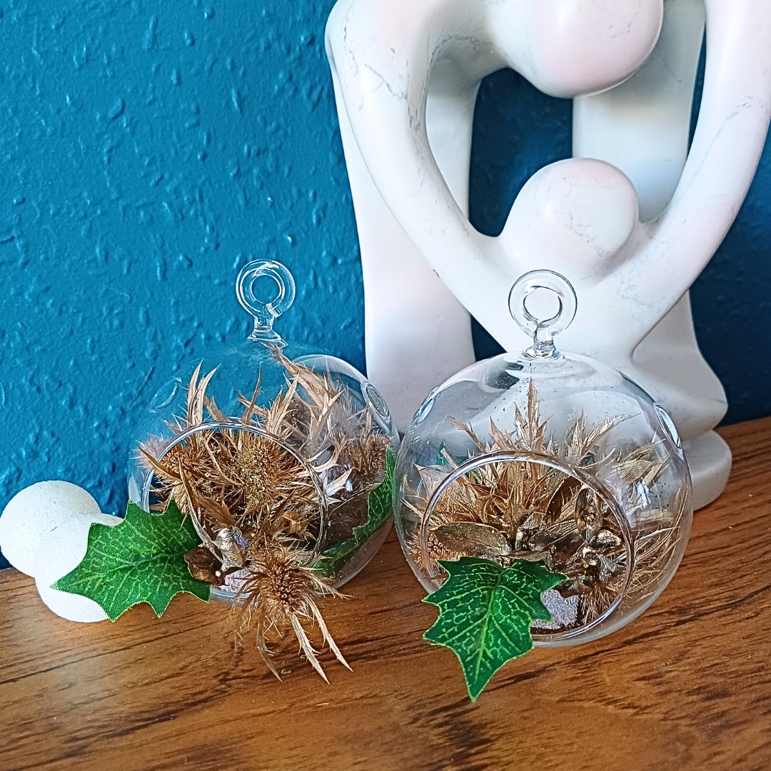 Glass globe ornaments with gold preserved thistle flowers