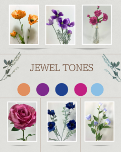 Images of flowers in bright colours - orange, purple, deep pink and blue