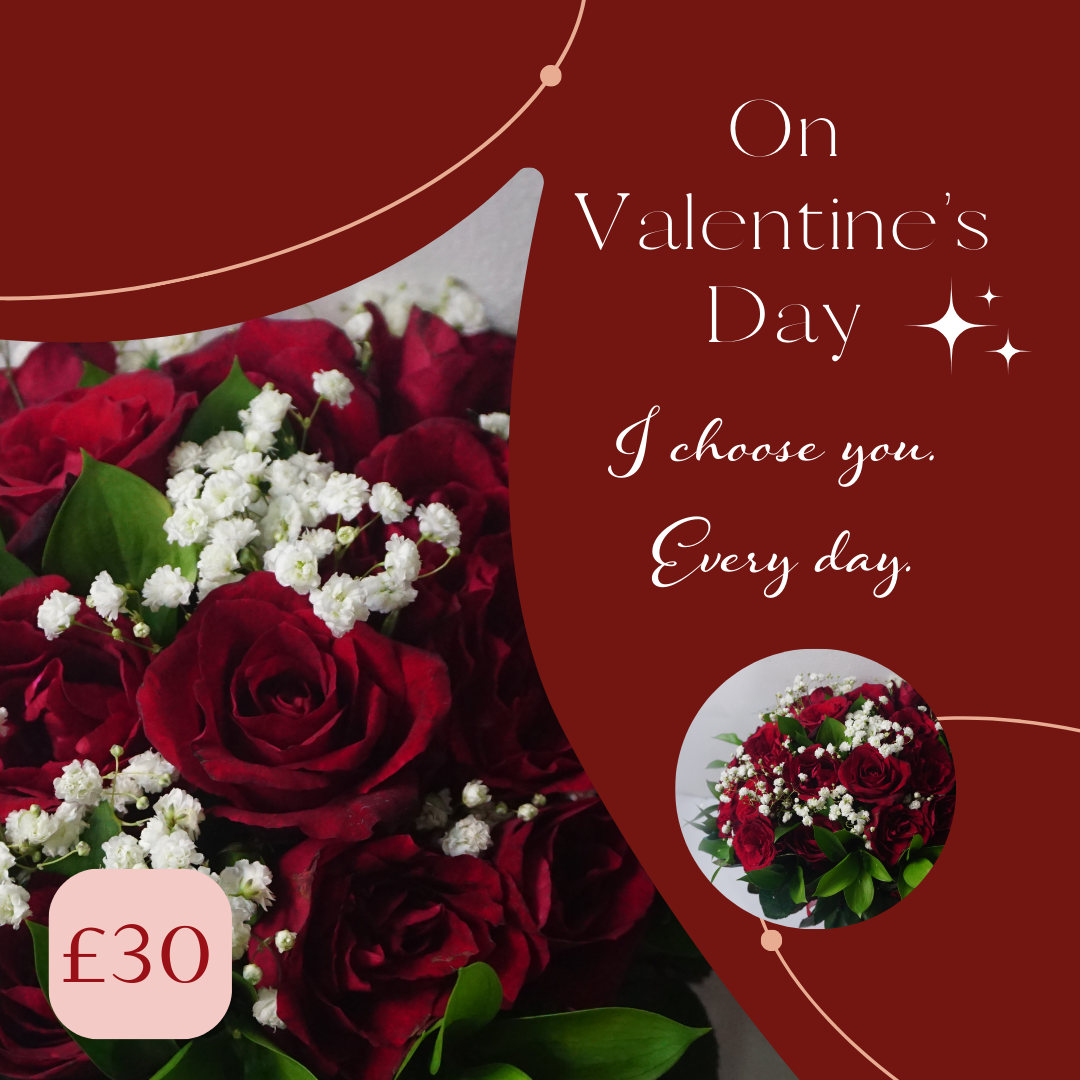 Image of red roses and white flowers for Valentines Day gift voucher