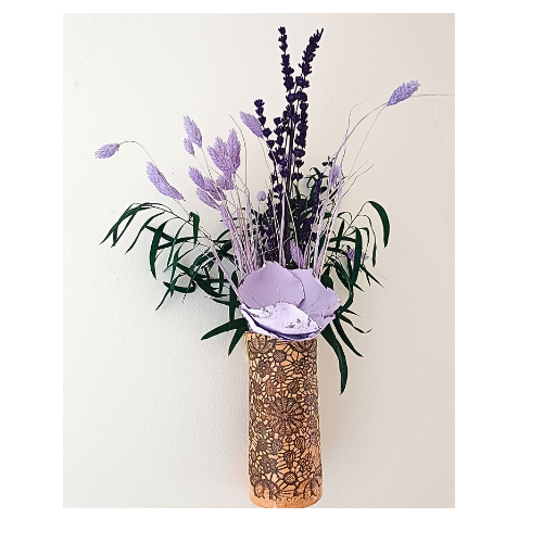Ceramic wall vase with lace design and lilac dried flowers
