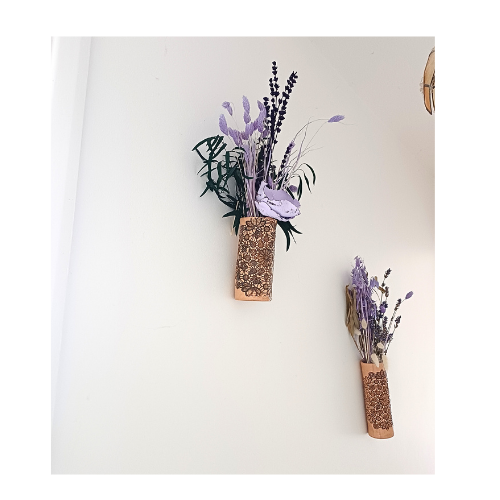 Ceramic wall vases with lace design and lilac dried flowers